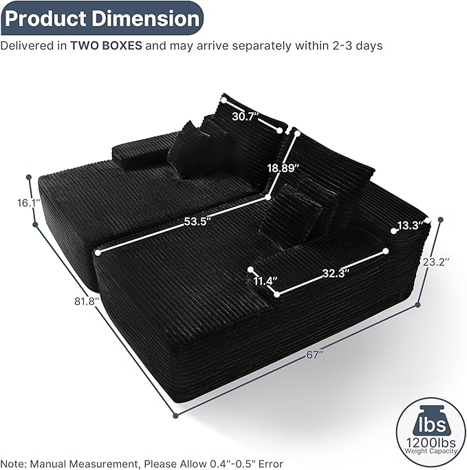 82 Oversized Sectional Couches for Living Room Black Corduroy Boneless Sofa Bed Double Comfy Chaise Lounge Chair Indoor Cloud Couch No Assembly(Black)