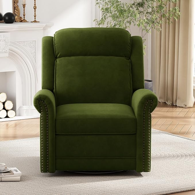 360° Swivel Recliner Chair with Adjustable Backrest Manual Rocking Recliner Home Theater Manual Recliner Chair with Metal Base and Velvet Fabric for Living Room (Green 2)