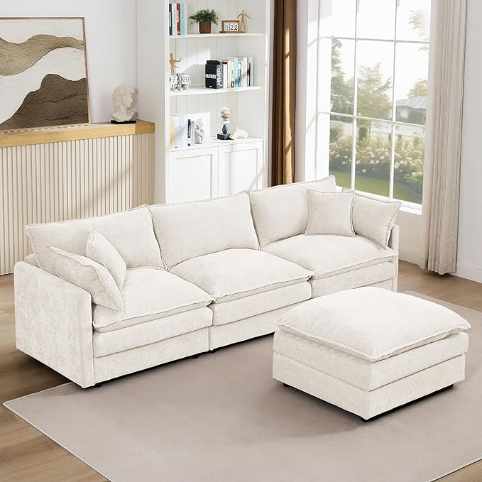 102 Cloud Sectional Couch Modular L Shaped Sofa with Movable Ottoman Comfy Chenille Deep Seat Sofa with Throw Pillows 3-Seater Cloud Couches for Living Room Apartment