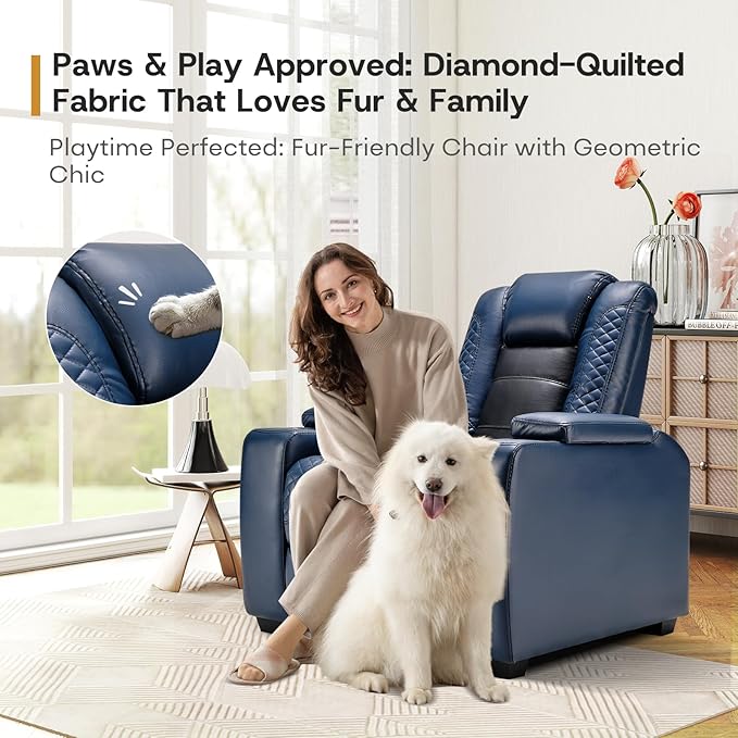 ANJ Power Home Theater Seating Set of 2 Blue Faux Leather Electric Recliner Chair with Adjustable Headrest Dual Motors Movie Reclining Chairs with LED LightsUSB portCup Holders Hidden Arm Storage