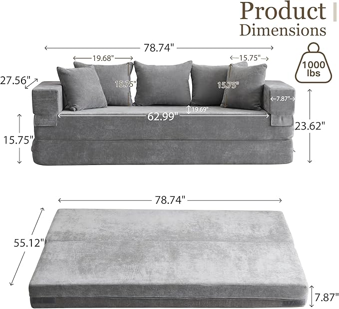 MELLCOM 79 Convertible Folding Sofa Bed Queen Sleeper Sofa Couch with Armrest and Pillows Chenille Fold Out Floor Chaise Lounge Comfy Foldable Futon Mattress for Living Room Bedroom (Grey 7.87)