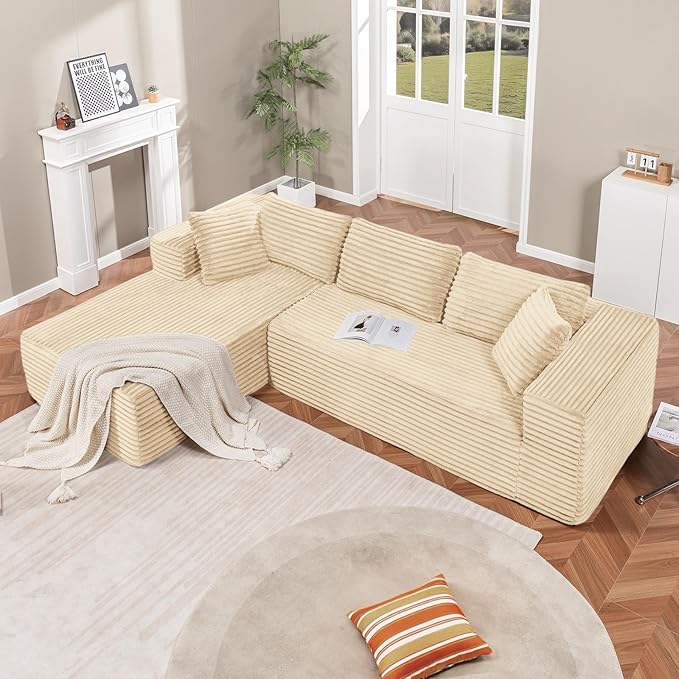 LUCKLIFE Modular Sectional Couch with L-Shape ChaiseCorduroy Upholstery Boneless Couches for Living RoomOversized Sleeper SofaNo Assembly Required (Beige L Shape with Left Facing Chaise)