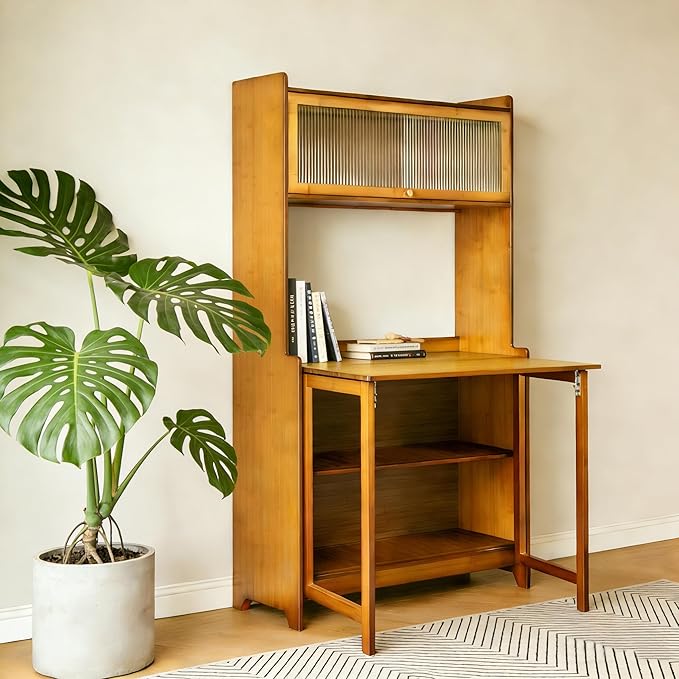 Foldable Desk with Hutch &ampStorage Fold Out Convertible Murphy Computer Table Folding Writing Table Workstation with Free Cat Bed &amp Scratching Post for Small Spaces (Walnut1)