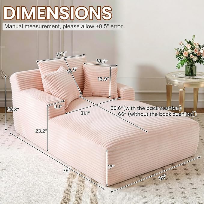 Avenix 79” Oversized Chaise Lounge Chairs Indoor Corduroy Boneless Chaise Lounges Chairs Indoor Deep Seat Big Comfy Reading Chair Cloud Sleeper Chair Sofa Couch Bed for Living Room Pink