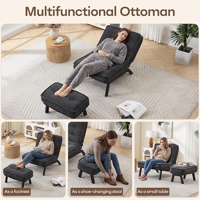 ANJ 3-Position Adjustable Accent Floor Chair Set of 2 with Ottoman Ergonomic Stable Lounge Chairs for Adults Thick Cushioned Comfy Reading Chair with Footrest for Living Room Bedroom Black