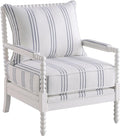BOWERY HILL Fabric Upholstered Accent Chair 38 H x 29.5 W x 34 D Linen-Like White with Navy Stripes Spindle Frame Rubberwood Construction Padded Armrests Stationary Design for Living Room or