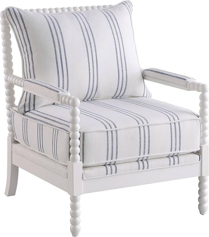 BOWERY HILL Fabric Upholstered Accent Chair 38 H x 29.5 W x 34 D Linen-Like White with Navy Stripes Spindle Frame Rubberwood Construction Padded Armrests Stationary Design for Living Room or