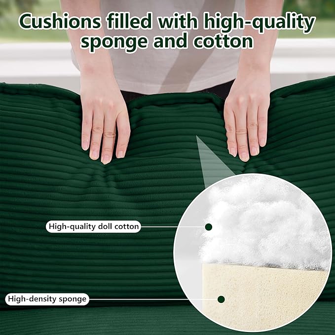 115 Oversize Modular Cloud Couch Sectional - Deep Seat U-Shaped Sofa 3 Seats with 2 OttomansPet-Friendly FabricGreen Corduroy