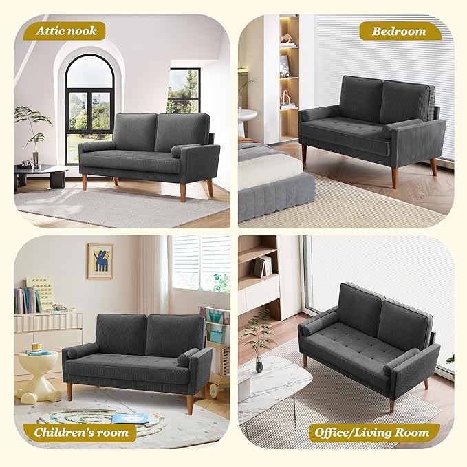 Vesgantti Loveseat Sofa with Solid Wood Legs48 Small Corduroy Couches for Small Spaces Mid Century Modern Love Seat for Living Room Bedroom Easy Assembly with Throw Pillow Grey