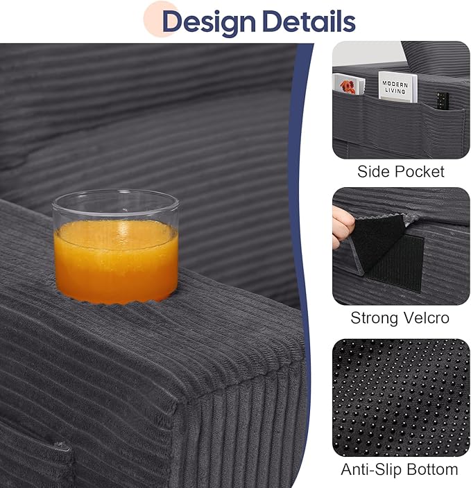 COMAX Futon Sofa Bed 3 Seater 106 Convertible Sofa Bed Couches for Living Room 4 in 1 Folding Boneless Sleeper Corduroy Couch Foam in a Box Comfy Foldable Lounge Fold Out Floor Mattress Grey