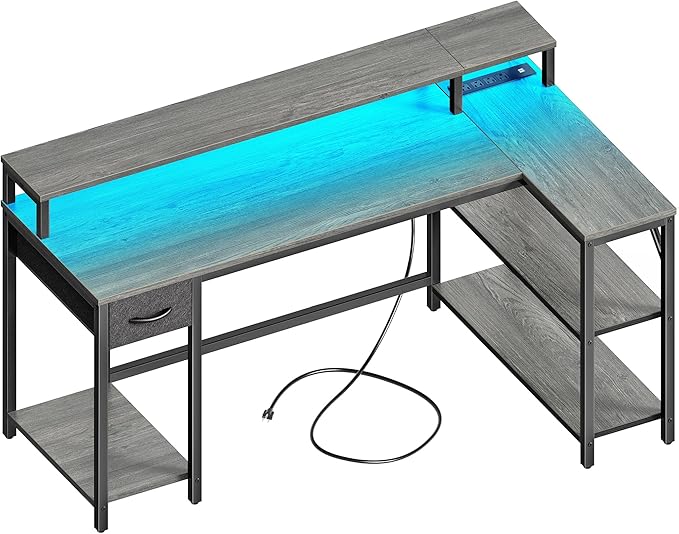 SUPERJARE 53 inch Reversible L Shaped Desk with LED Lights &amp Power Outlets Computer Desk with Shelves &amp Monitor Stand Gaming Desk with Drawer Home Office Desk Corner Desk Grey