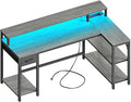 SUPERJARE 53 inch Reversible L Shaped Desk with LED Lights &amp Power Outlets Computer Desk with Shelves &amp Monitor Stand Gaming Desk with Drawer Home Office Desk Corner Desk Grey
