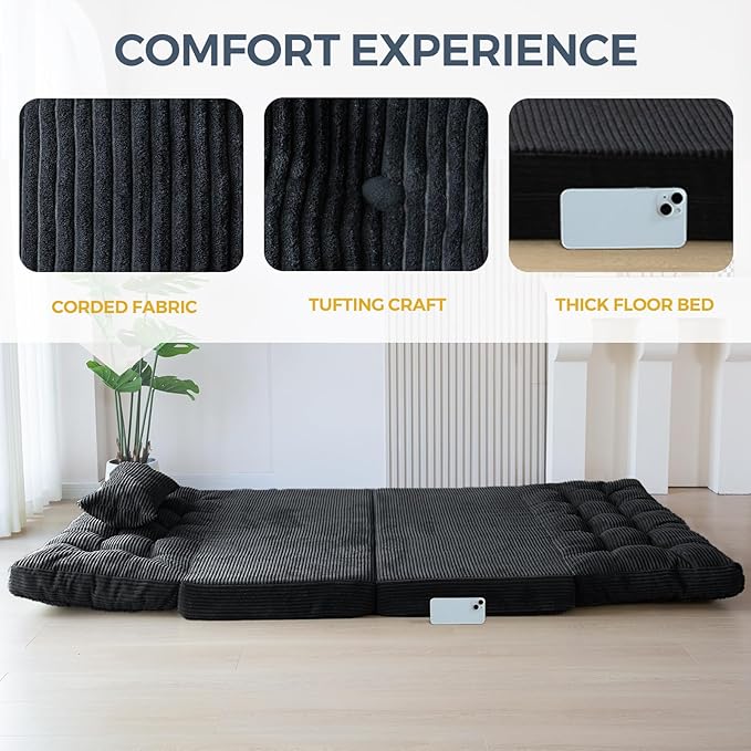 MAXYOYO Folding Sofa Bed Tufted Bean Bag Bed with Pillows Floor Mattress for Adults Extra Thick and Long Floor Sofa Twin Couch for Bedroom Living Room Black 39x91 Inch
