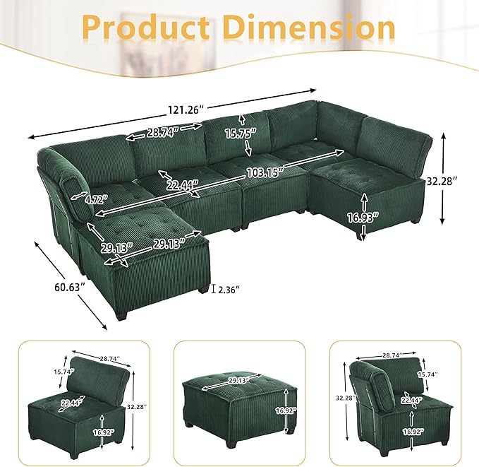 121 U Shaped Modular Sectional Sofa Couch 6 Seat Convertible Upholstered Deep Seat Sleeper Sofa with Chaise Lounge Cloud Couch for Living Room Green