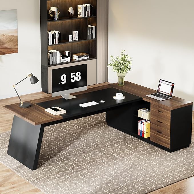 Tribesigns L-Shaped Executive Desk 78-Inch Modern Office Desk with Drawers and Lateral File Cabinet Large Bussiness Furniture with Storage Shelves Workstation for Home Office (Brwon + Black)