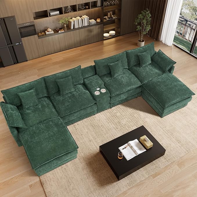 163 Oversized Modular Sectional Sofa U Shaped Cloud Couch Modern 6 Seat Sofa Set for Living Room Comfy Chenille Deep Seat with Storage Central Console Movable Ottomans Cup Holders USB Ports Green