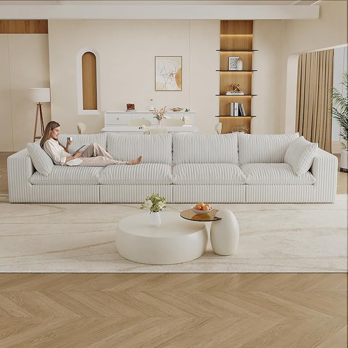 Oversized 158 W Corduroy Boneless Couches for Living Room No Assembly Required Modular Sectional Sofa with Thick Cushion&ampMemory foam Compress Upholstered Couches for Apartment(White 4 Seater)