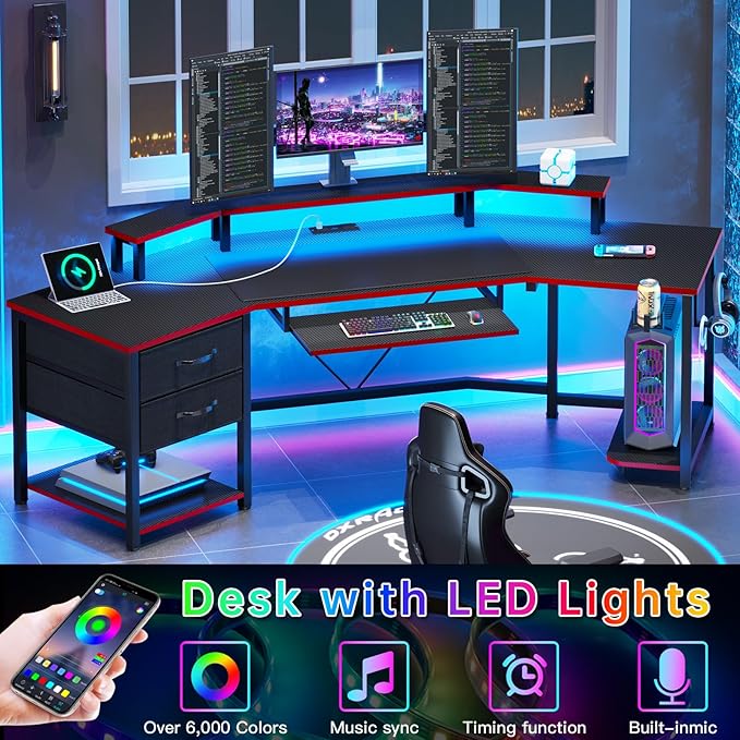 SEDETA 79 Gaming Desk Computer Desk with 2 Fabric Drawers &amp LED Light L Shaped Gaming Desk with Storage Shelf for Home Office Carbon Fiber Black&ampRed