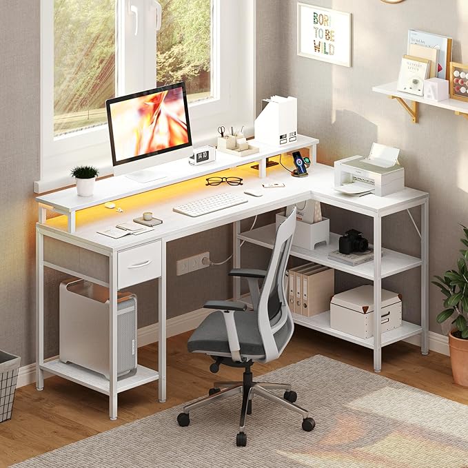 DUMOS 53” Gaming Desk with USB Charging Ports &amp LED Lights Reversible L Shaped Desks Computer Corner Gamer Table with Power Outlets Monitor Stand Storage Shelves for Home Office Small Space Whit