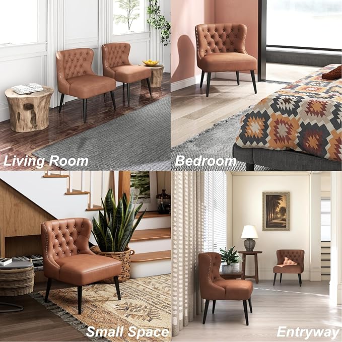 chairus Tufted Slipper Accent Chairs Set of 2 Faux Leather Upholstered Armless Living Room Chairs with Nailhead Trim Mid-Century Modern Wingback Side Chairs for Bedroom Office Brown PU