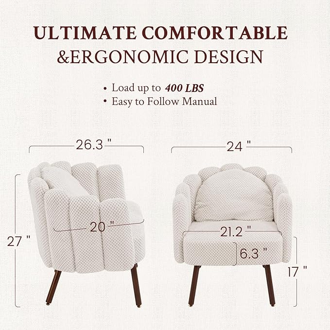 Furniliving Beige Vanity Chair Velvet Accent Chair for Living Room Shell Chairs with Wooden Legs Makeup Chair for Bedroom Armchair Cute Petal Reading Chair with Pillow