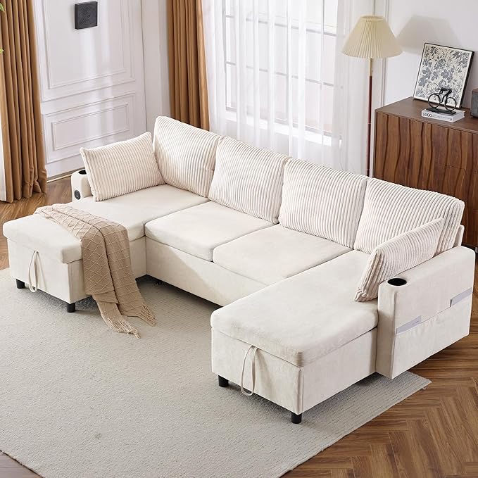 Merax Pull-Out Sofa Bed Sleeper Pull Out Sectional Couch with Storage USB Cup Holder for Apartment Living Room Beige