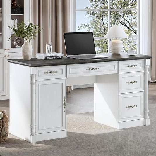 Farmhouse Executive Desk with Storage Drawers and File Cabinet 60 Vintage Home Office Desk with Power Outlet and Roman Column Wood Computer Desk with Keyboard Tray for Work and Study Antique White