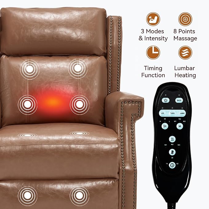 KEIKI Oversized Recliner Chair Manual Leather Recliner Chair with 8 Vibration Back Massager and Heating for Living Room Fiber Foam Moderen Rocking Lounge Reading Chair Camel