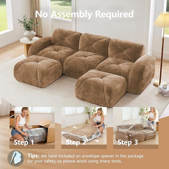 110 Sectional Modular Cloud Couch Boneless Couches with Deep Seat Convertible 3-Seater Sofa Set with 2 Ottomans for Living Room Bedroom Office Camel