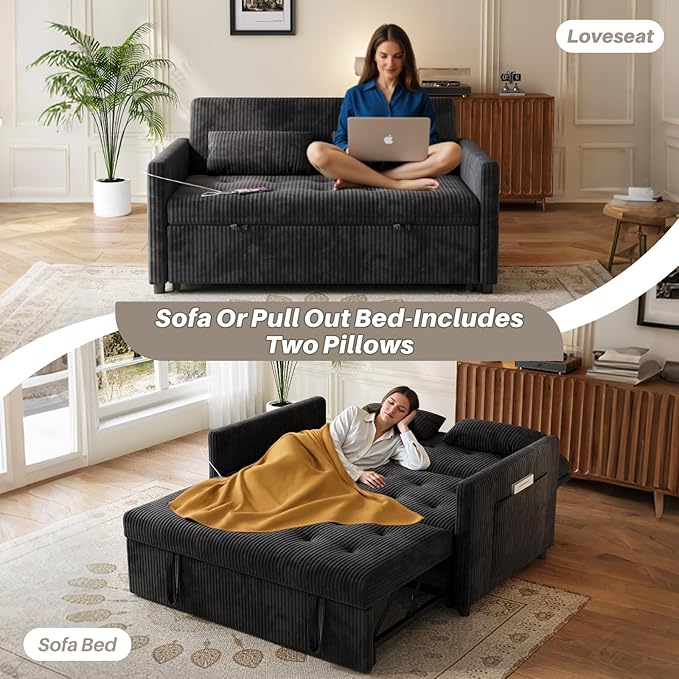Sofa Bed Loveseat 3-in-1 Sleeper Sofa with Pull Out Bed Pockets and USB Modern 2 Seater Convertible Small Couch for Living Room Bedroom Apartment (Black Corduroy)