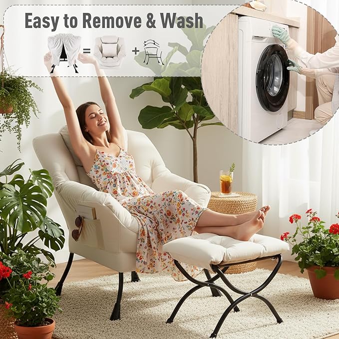 Lazy Chair with Ottoman Large Accent Chair with Ottoman and a Throw Pillow Beige Reading Chair for Living Room Bedroom Dorm Room Office Apartment Relaxing Use