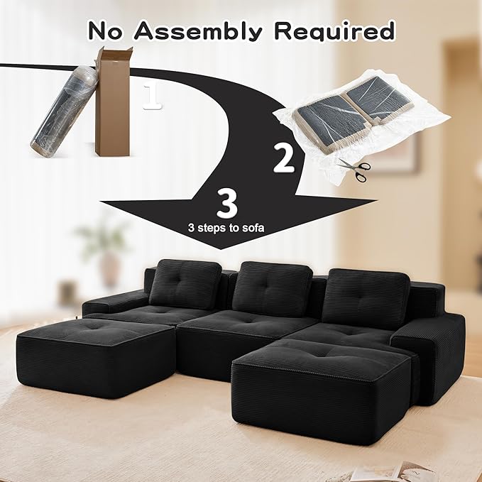 Boneless Couch Modular Sectional Sofa 117 Modern Cloud Couch with Deep Seat Comfy Corduroy U Shaped Sectional Couches for Living Room 3 Seater Tufted Floor Sofa with Movable Ottoman Black