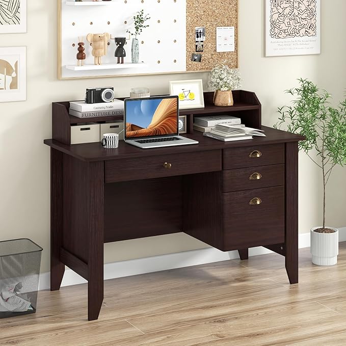 Tangkula Computer Desk with 4 Storage Drawers &amp Hutch Home Office Desk Vintage Desk with Storage Shelves Wooden Executive Desk Writing Study Desk (Brown)