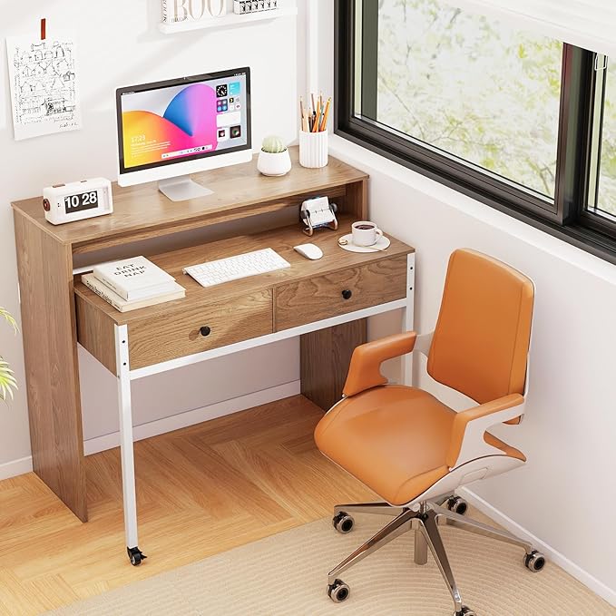 Tangkula Extendable Computer Desk with 2 Drawers Small Writing Desk with Pull Out Secondary Desk Console Table Wood Study Workstation Laptop Desk for Small Space Home &amp Office (Natural)