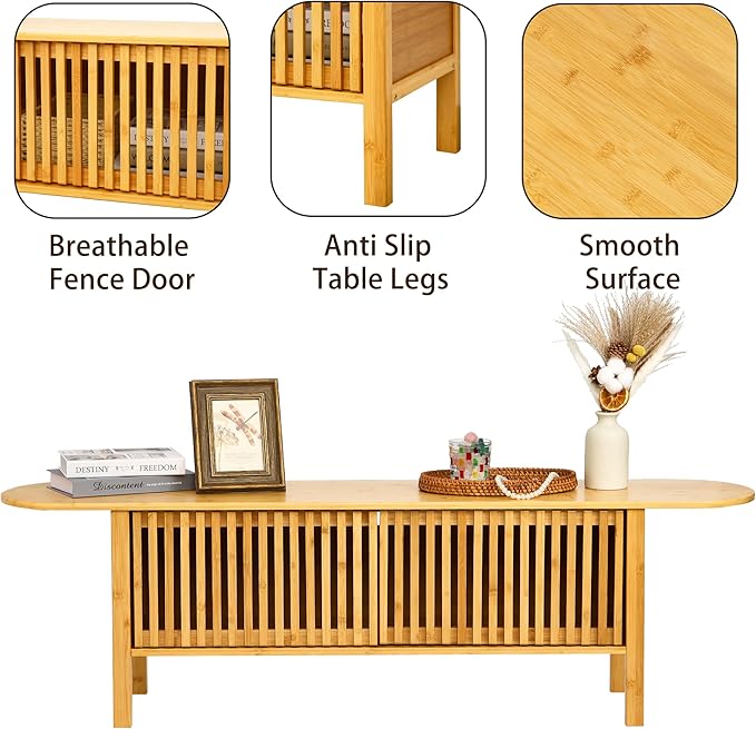 Bamboo TV Stand for TVs up to 65 Accent Entertainment Center with Storage Media Console Table with Fence Door Modern TV Stand for Living Room Bedroom 55(L) Burlywood