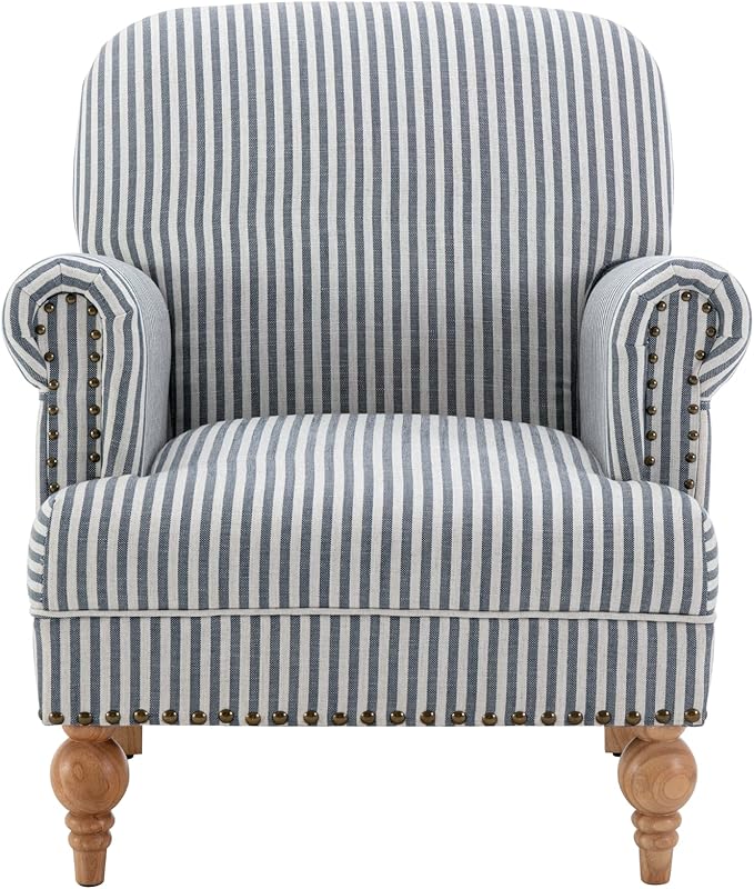 chairus Linen Accent Chair for Living Room Upholstered Mid Century Modern Single Sofa Chair with Solid Wood Legs Comfy Reading Chair Armchair for Bedroom/Office Room/Recption/Lounge Blue Stripe