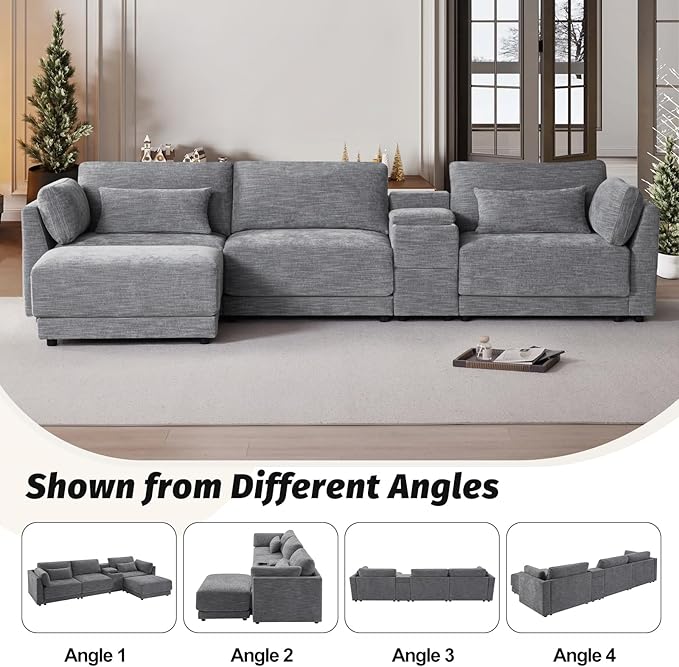 124 Modular L-Shaped Sectional Sofa with Storage Console Movable Ottoman &amp USB/Wireless Charging - 33 Wide Seats 12 Thick Cushions 4-Piece Chenille Couch for Living Room &amp Apartments (Gr