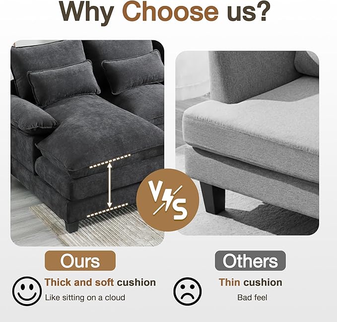 MELLCOM 110.2 U Shaped Cloud Couches Modular Sectional Sofa for Living Room Modern Deep Seat Sofa 4 Seater Chenille Comfy Cloud Couch with Double Chaise &amp Throw Pillows Grey