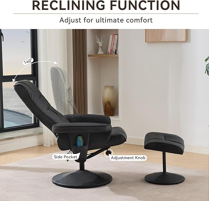 140° Adjustable PU Leather Recliner Chair with Ottoman 360° Swivel Massage Lounge Chair with 5-Point Vibration &amp Heated Seat for Living Room Home Theater or Office (Black)