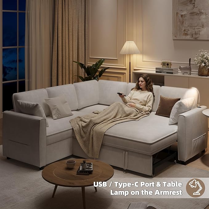 EROMMY 87 Sectional Sofa Couch with Pull Out Bed 5 Seat L Shaped Pull Out Couch Bed with USB Ports Velvet Modular Sleeper Sofa Bed with 2 Throw Pillows Large Sectional Couches for Living Room
