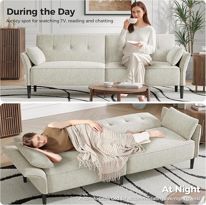 89” Futon Sofa Bed Comfy Futon Couch Bed with 2 Square PillowsConvertible Sleeper Sofa with Adjustable Backrest&amp Armrests Modern Loveseat Sleeper for Living RoomVelvet Fabric White
