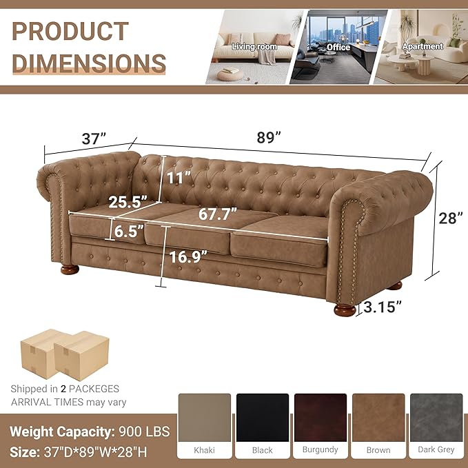 Chesterfield Leather Sofa 89 Mid Century Modern Couch with Low Back Roll Arm Nailhead Trim Classic 3 Seater Couch for Living Room Office Apartment Faux Leather Brown