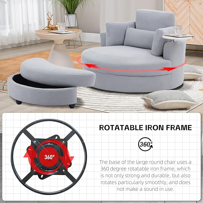 51'' Accent Swivel Barrel Chair with Storage OttomanModern Oversize Round Swivel Leisure Arm Chair with TrayPillowCorduroy Fabric for Living RoomHotelClub Lounge Grey