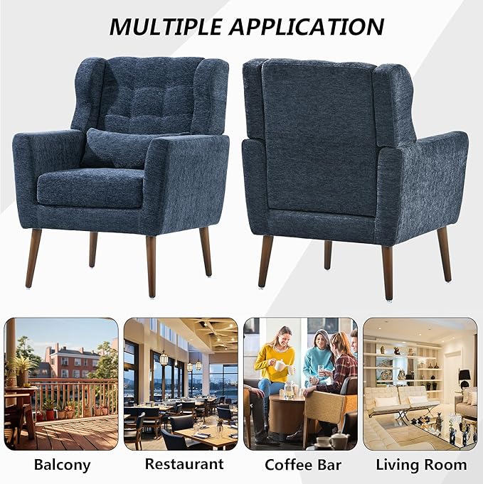 Modern Accent Chair Chenille Fabric Upholstered Tufted Side Chair Wingback ChairMid Century Reading Armchair with Waist Pillow Backrest for Living Room Bedroom (Dark Blue)