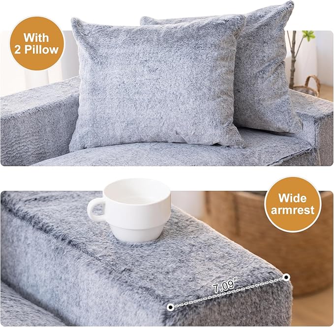 Loveseat Oversized Folding Sofa Bed Convertible Sleeper Chair Bed with Pillows &amp Wide Armrest Comfortable Floor Couch for Living Room &amp Bedroom(Fur Grey) | Foldable