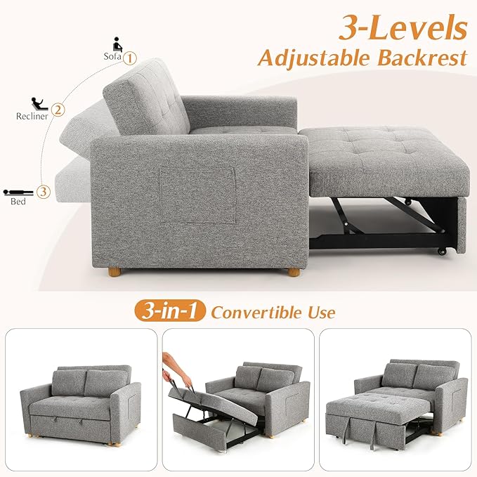 SEJOV 3 in 1 Folding Convertible Sofa Bed Futon Couches with Side Pocket Adjustable Backrest Linen Fabric Loveseat Sleeper Sofa for Living RoomBedroomApartment and Small SpaceBrown Grey
