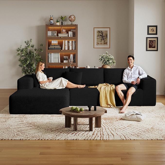 CHORRO108''Sectional Boneless Cloud SofaModern Modular L-Shape Couch for Living RoomCorduroy Convertible Sponge Sleeper SofasUpholstered Lougne Chaise Couchs-with Soft Pillow(BlackLeft Chaise)