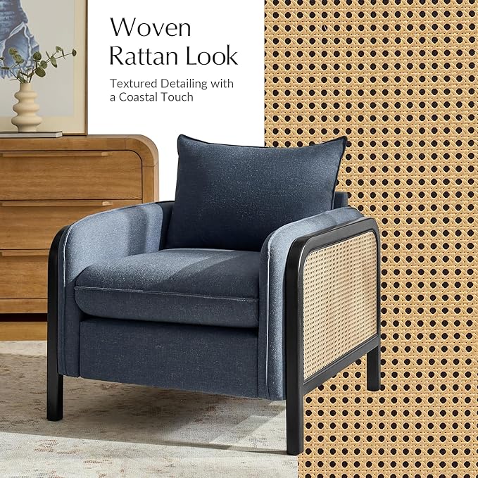 HULALA HOME Woven Rattan Armchair Modern Accent Chair with Wood Armrest and Legs for Living Room Bedroom Makeup Room Detachable Cushion &amp Upholstered Navy