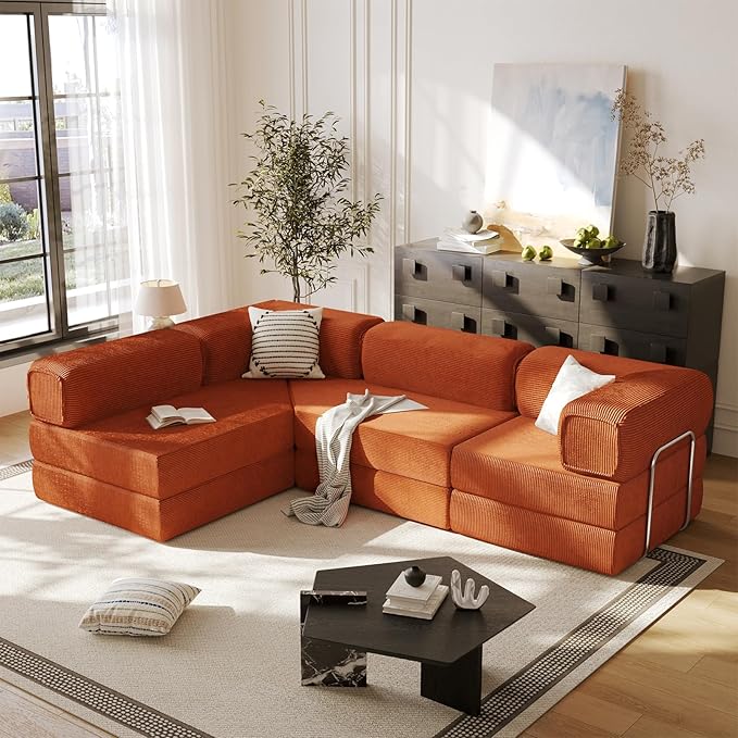 MEISSALIVVE 108 L Shaped Boneless Couch Orange Modular Sectional Sofa with Chaise Cloud Sectional Couch with Deep Seat &amp Removable Pillow for Living Room No Assembly Required