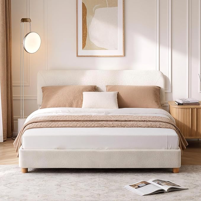 Full Size Cloud Bed Frame Upholstered Boucle Bed Frame with Adjustable Headboard Solid Wood Legs Rounded Corners Design &amp Easy Assembly – Modern Platform BedCream